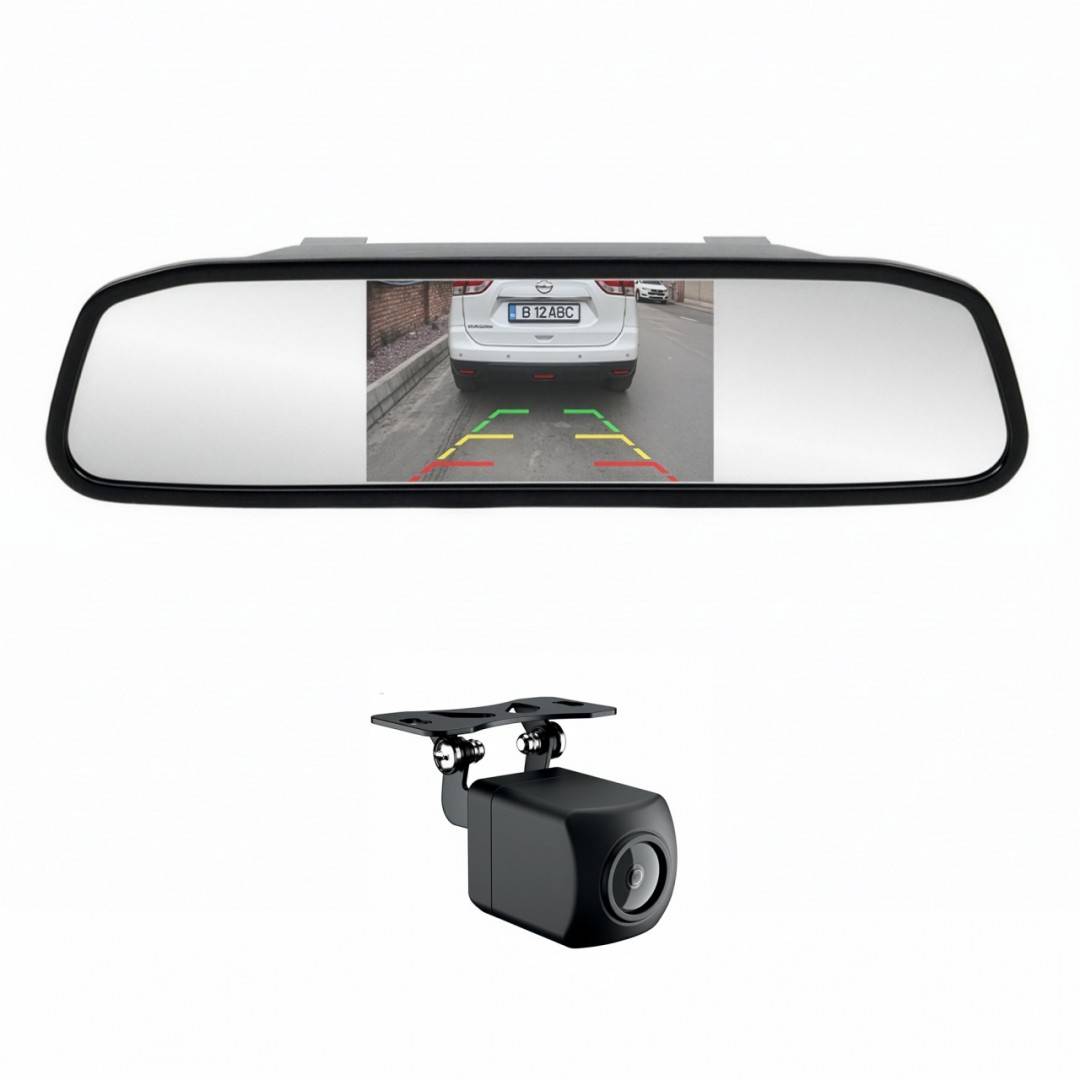Sistem parcare wireless PNI Escort P20 cu display LCD 4.3 inch integrat in oglinda retrovizoare si camera marsarier 480P, unghi 110 grade
