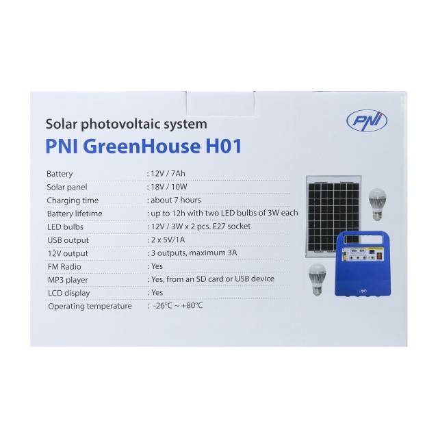 Sistem solar fotovoltaic PNI GreenHouse H01 30W cu acumulator 12V/7Ah, USB/Radio/MP3, 2 becuri LED