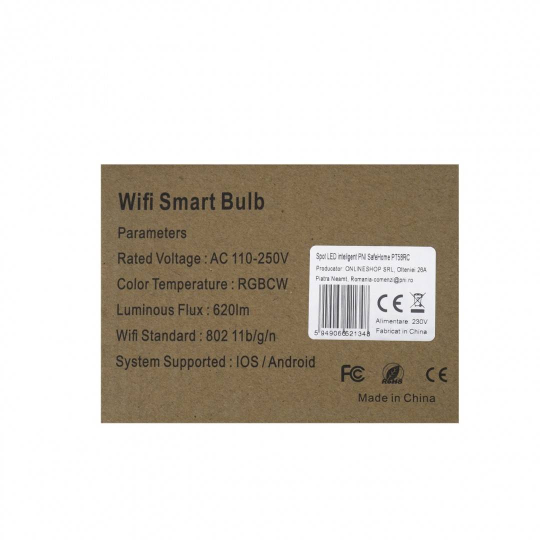 Spot LED inteligent PNI SafeHome PT58RC WiFi, incastrabil, tavan, RGBW, 7W, 600 lm, lumina/culoare reglabila prin internet, Aplicatie Tuya Smart,