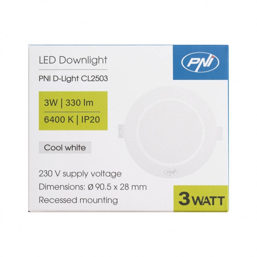 Spot LED PNI D-Light CL2503 3W, incastrabil, rotund 9 cm, 6400K, alimentare 230V, 330 lm, alb rece