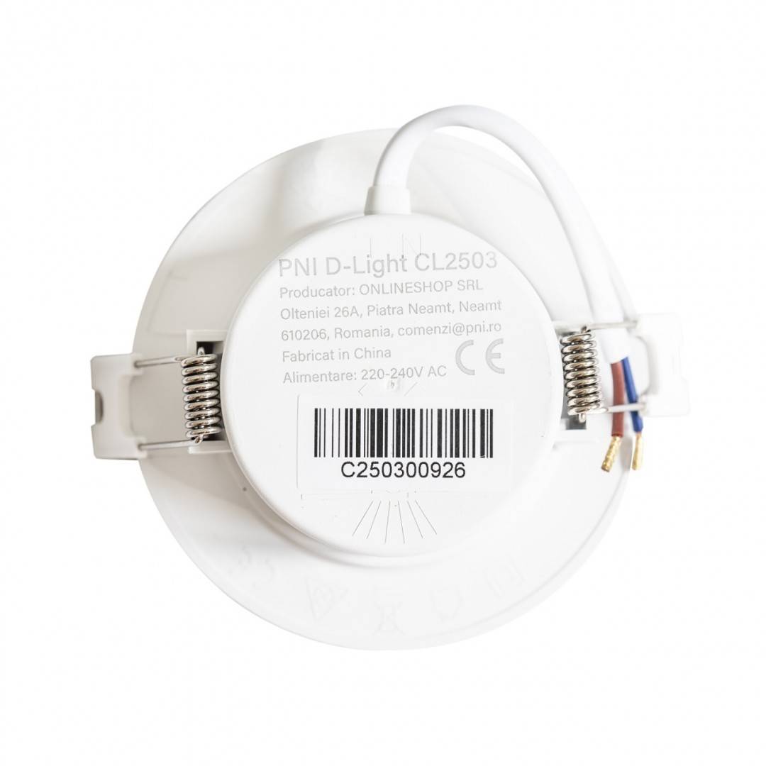 Spot LED PNI D-Light CL2503 3W, incastrabil, rotund 9 cm, 6400K, alimentare 230V, 330 lm, alb rece