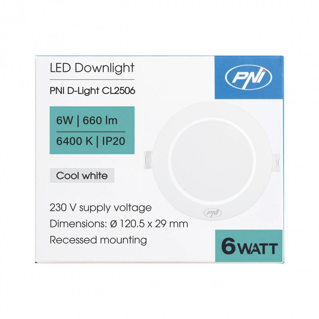 Spot LED PNI D-Light CL2506 6W, incastrabil, rotund 120 cm, 6400K, alimentare 230V, 660 lm, alb rece