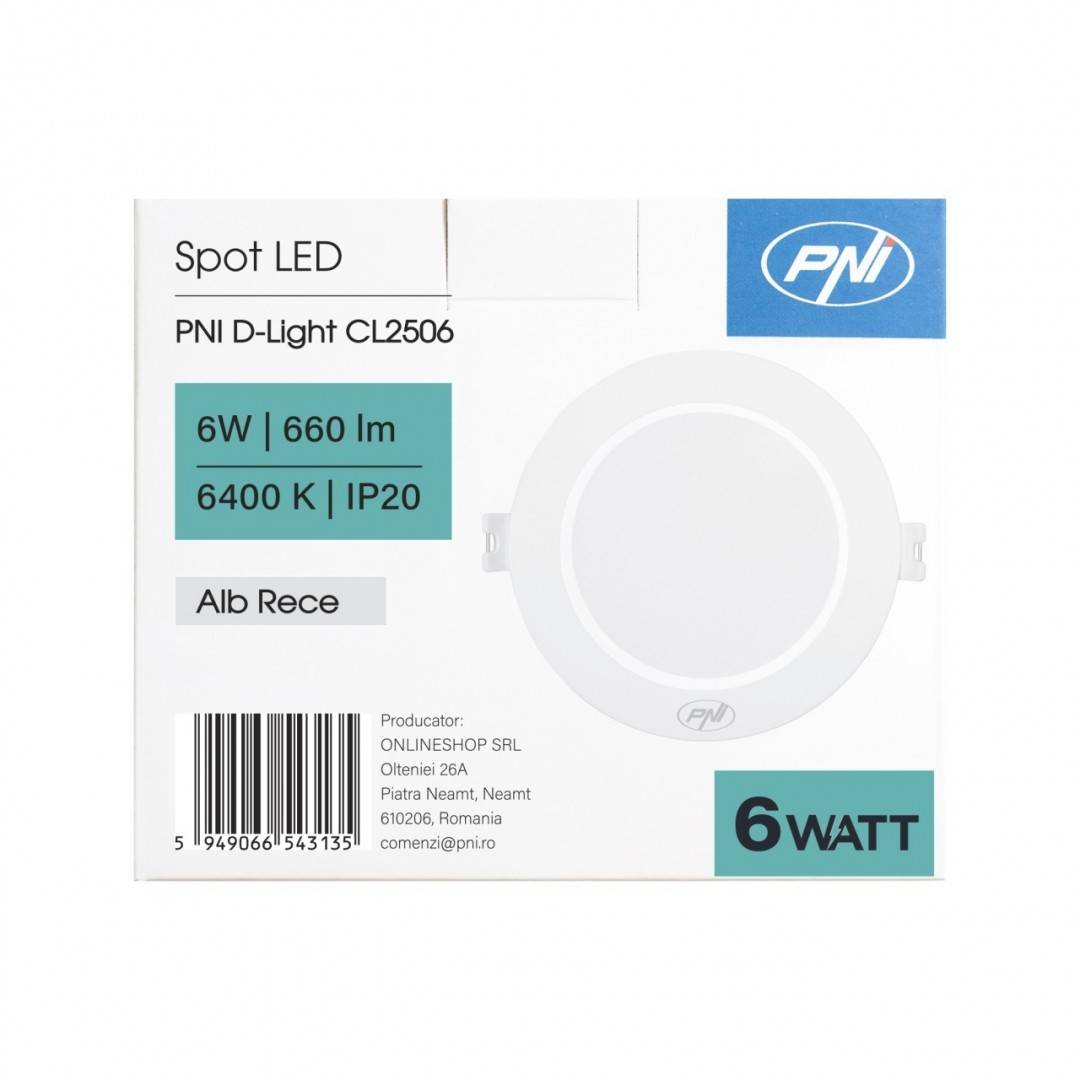 Spot LED PNI D-Light CL2506 6W, incastrabil, rotund 120 cm, 6400K, alimentare 230V, 660 lm, alb rece