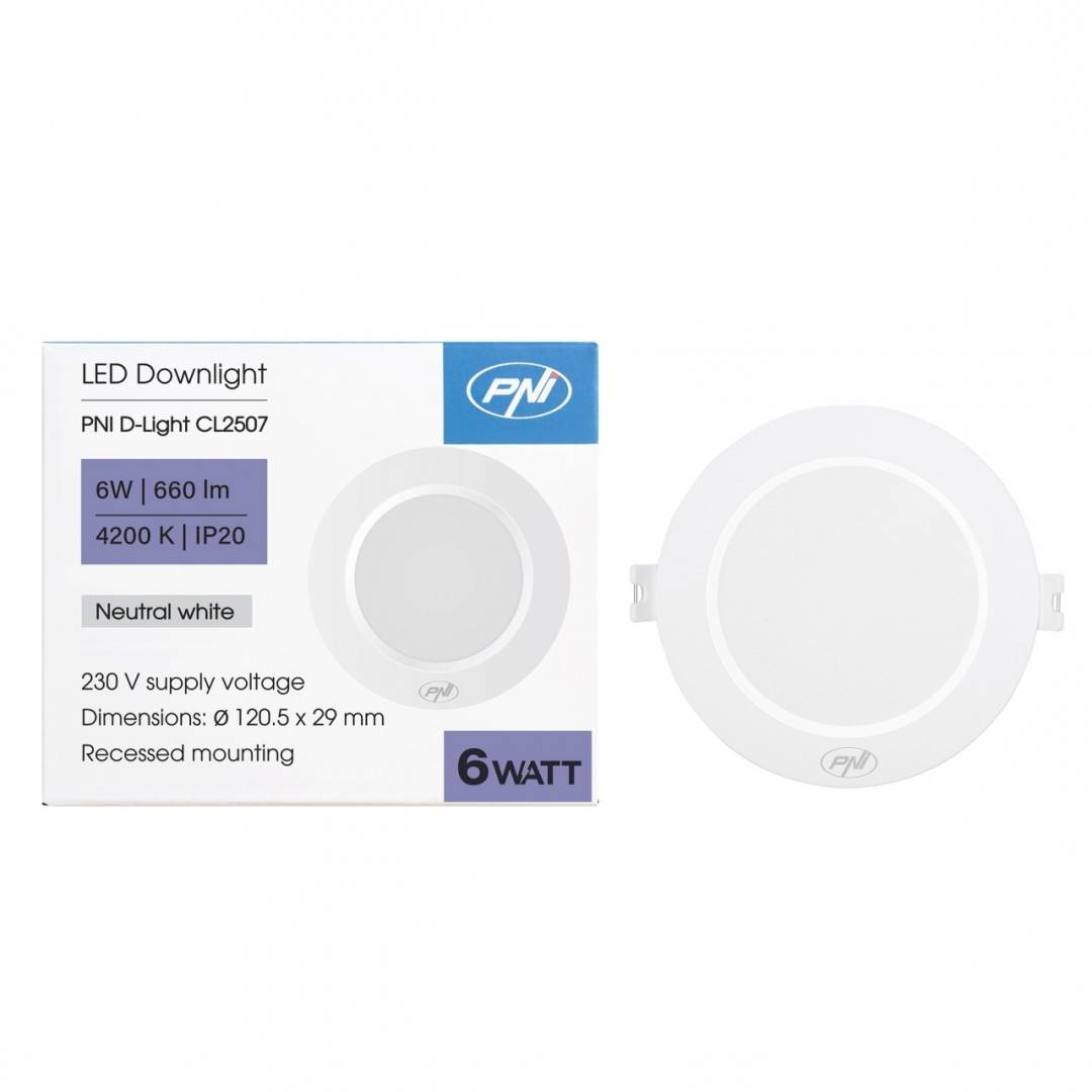 Spot LED PNI D-Light CL2507 6W, incastrabil, rotund 12 cm, 4200K, alimentare 230V, 660 lm, alb neutru