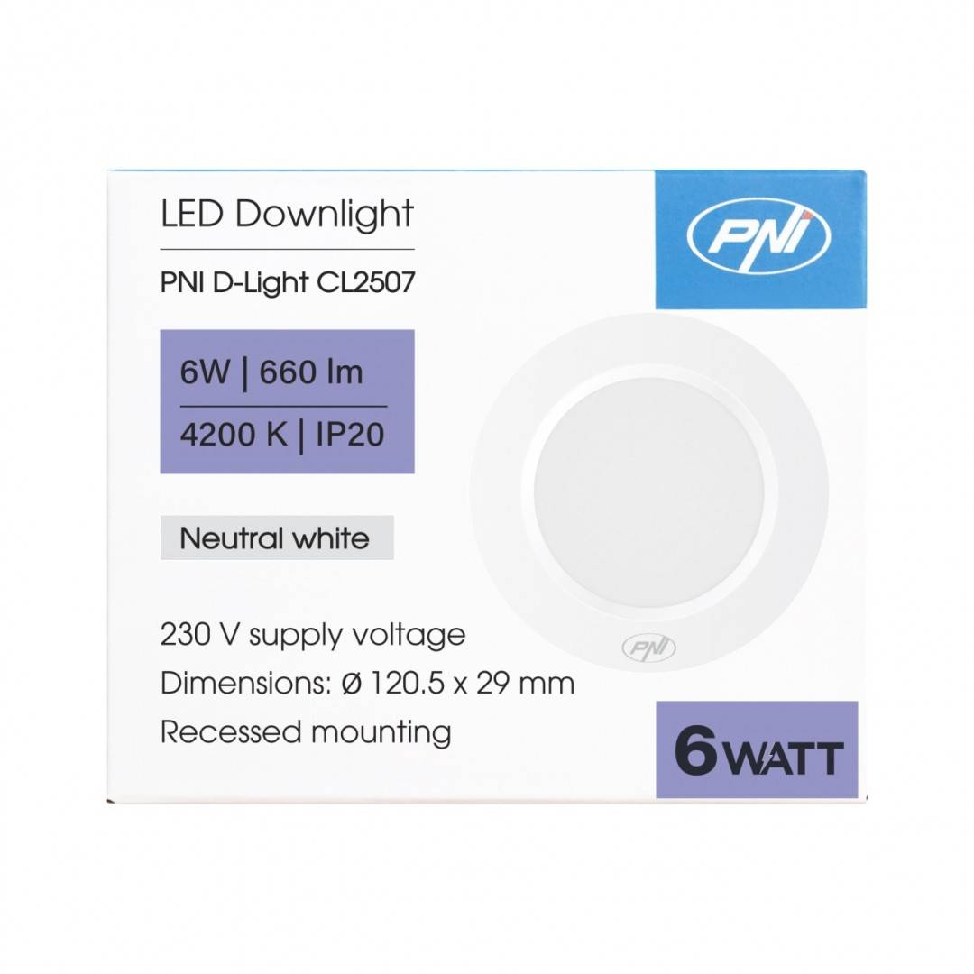 Spot LED PNI D-Light CL2507 6W, incastrabil, rotund 12 cm, 4200K, alimentare 230V, 660 lm, alb neutru