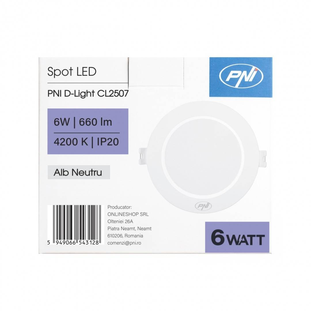 Spot LED PNI D-Light CL2507 6W, incastrabil, rotund 12 cm, 4200K, alimentare 230V, 660 lm, alb neutru
