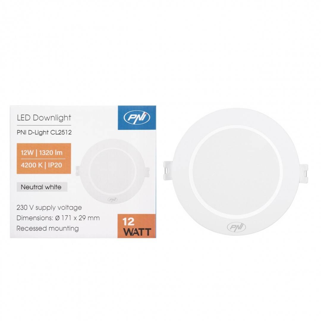 Spot LED PNI D-Light CL2512 12W, incastrabil, rotund 17 cm, 4200K, alimentare 230V, 1320 lm, alb neutru