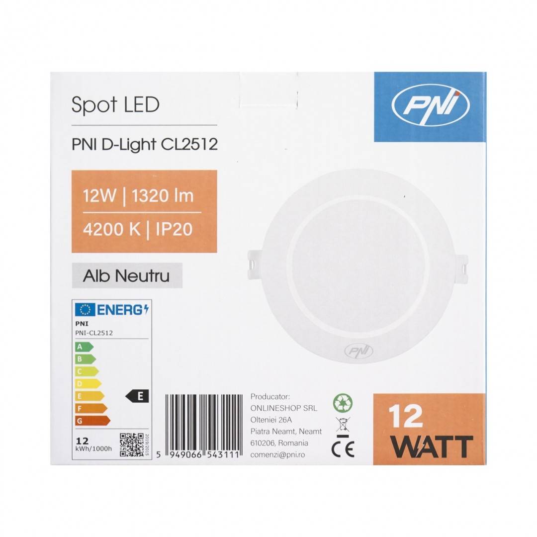 Spot LED PNI D-Light CL2512 12W, incastrabil, rotund 17 cm, 4200K, alimentare 230V, 1320 lm, alb neutru