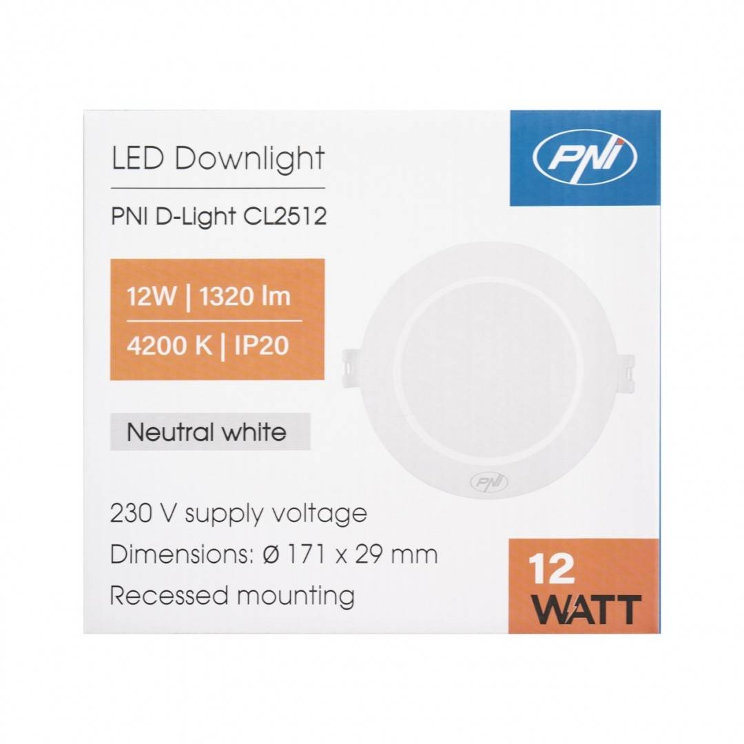 Spot LED PNI D-Light CL2512 12W, incastrabil, rotund 17 cm, 4200K, alimentare 230V, 1320 lm, alb neutru