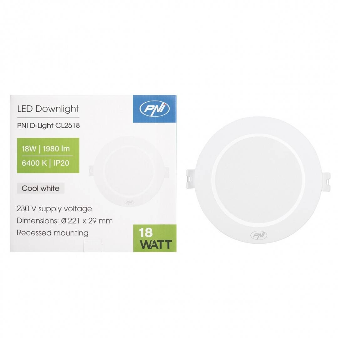 Spot LED PNI D-Light CL2518 18W, incastrabil, rotund 22 cm, 6400K, alimentare 230V, 1980 lm, alb rece