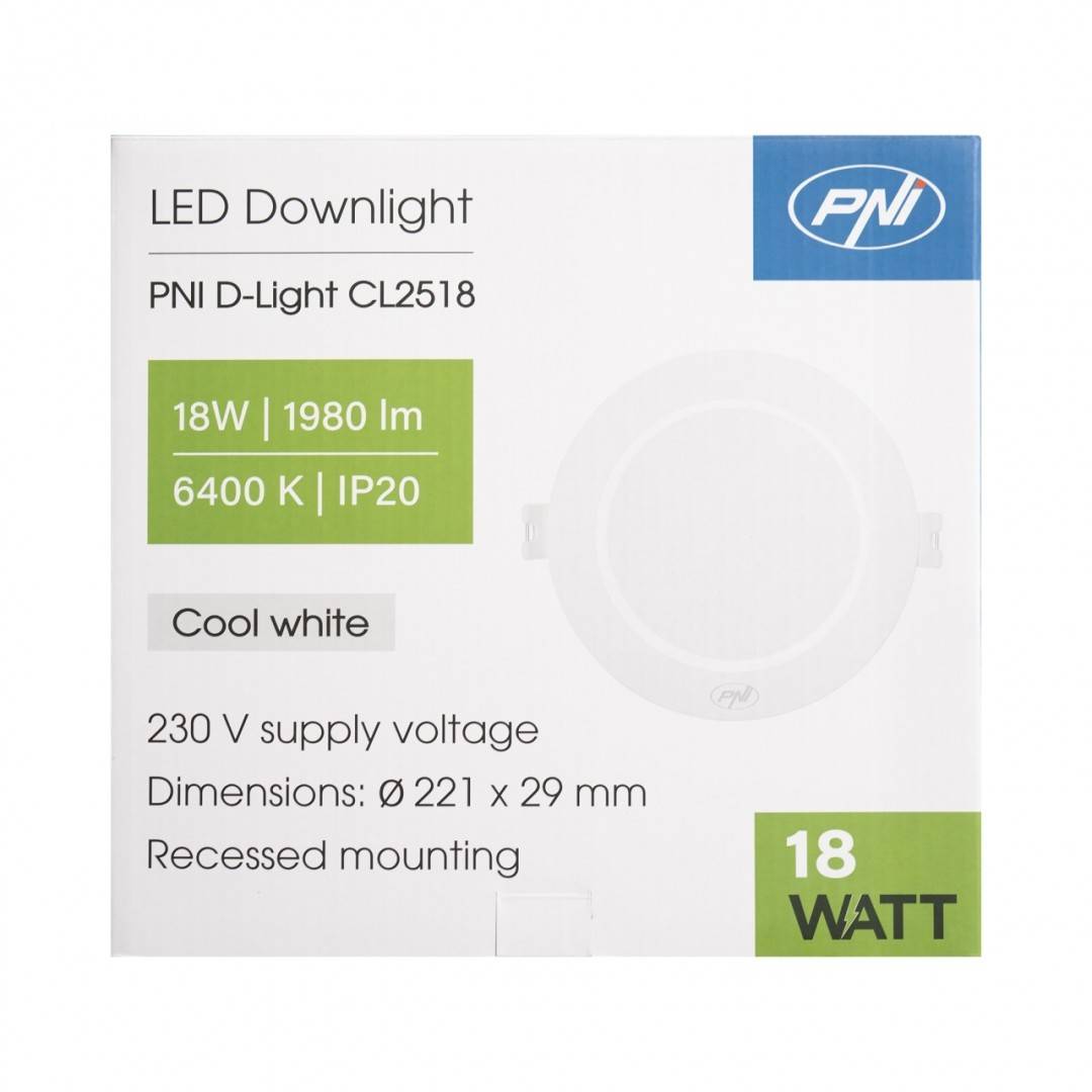 Spot LED PNI D-Light CL2518 18W, incastrabil, rotund 22 cm, 6400K, alimentare 230V, 1980 lm, alb rece