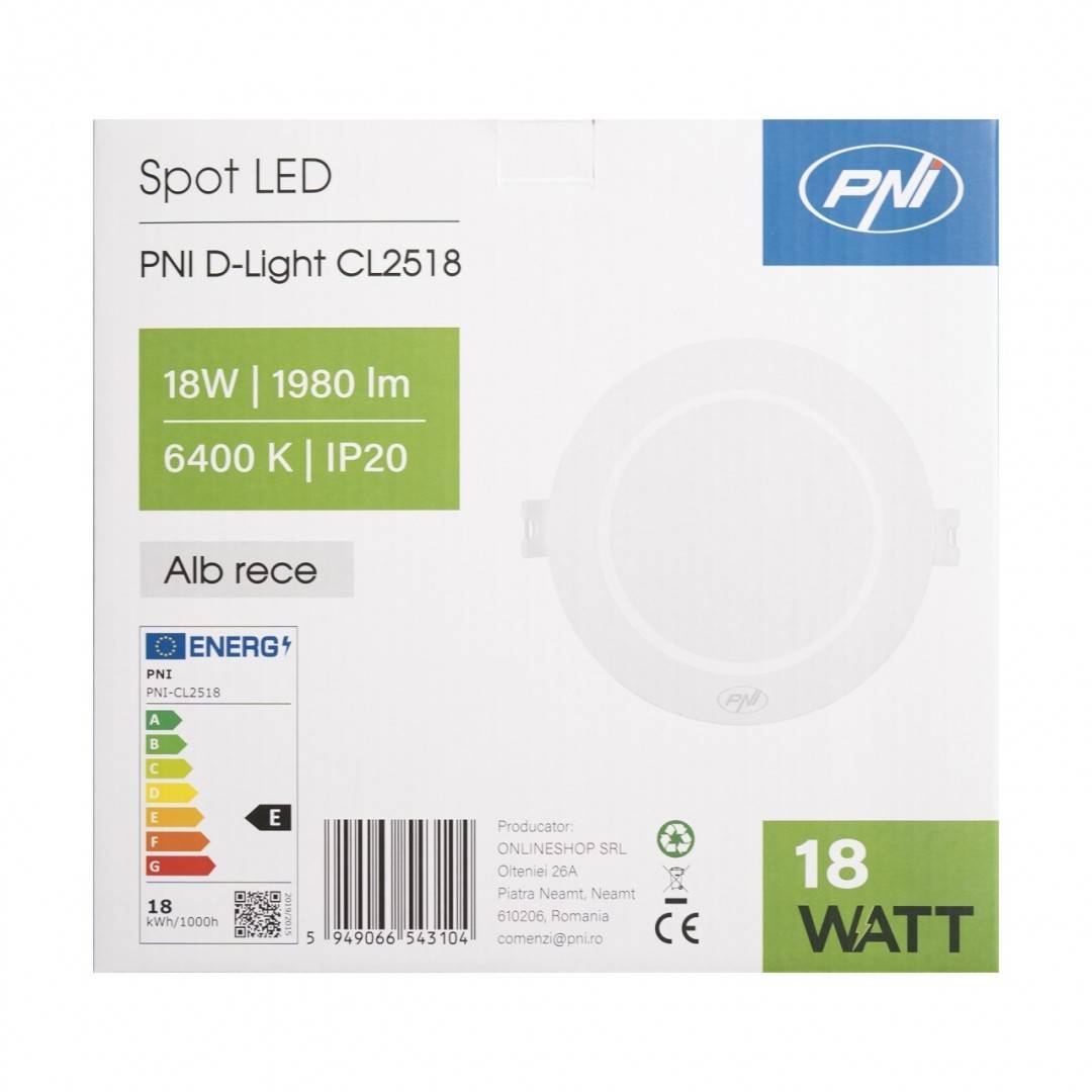 Spot LED PNI D-Light CL2518 18W, incastrabil, rotund 22 cm, 6400K, alimentare 230V, 1980 lm, alb rece