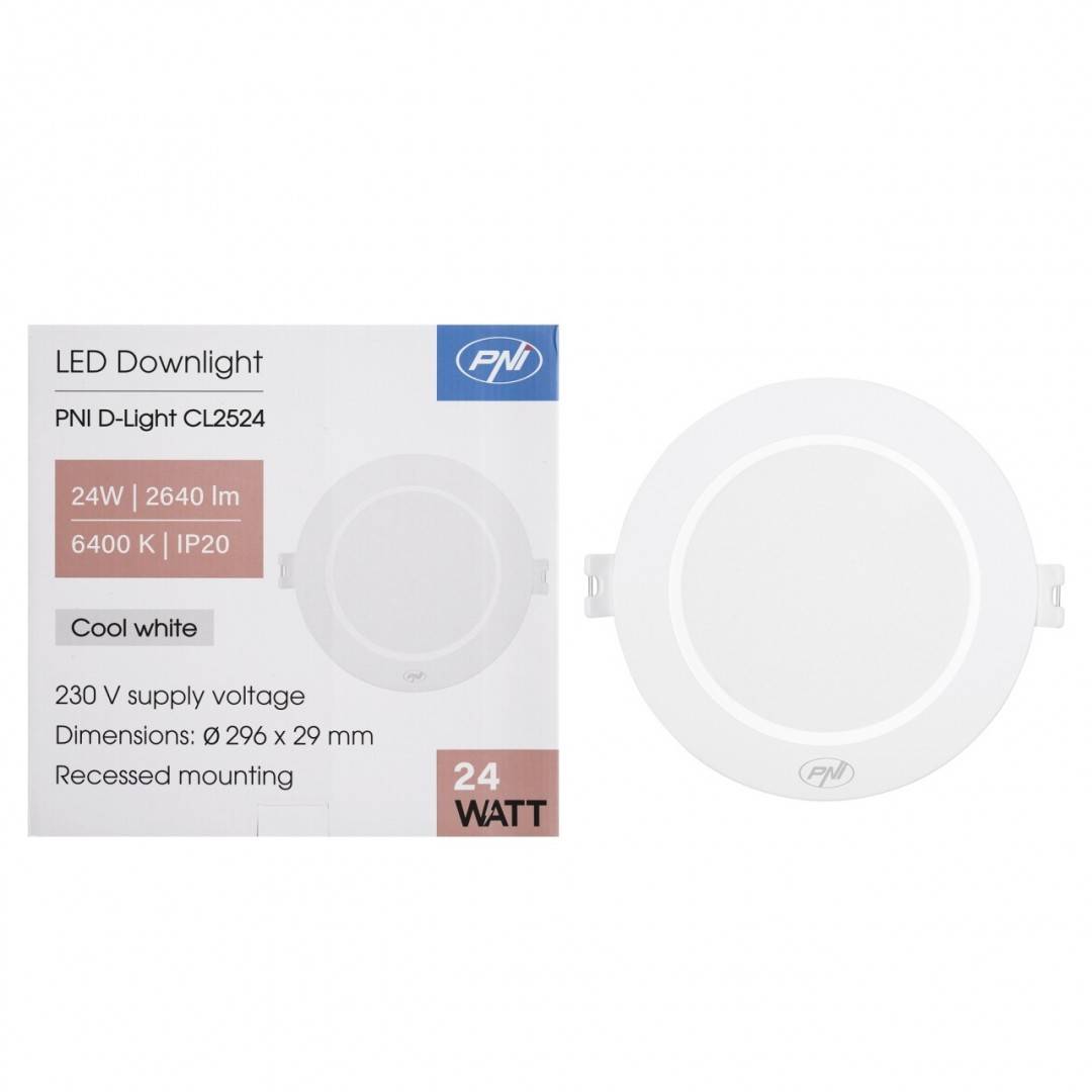 Spot LED PNI D-Light CL2524 24W, incastrabil, rotund 29 cm, 6400K, alimentare 230V, 2640 lm, alb rece