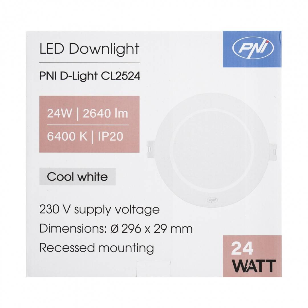 Spot LED PNI D-Light CL2524 24W, incastrabil, rotund 29 cm, 6400K, alimentare 230V, 2640 lm, alb rece