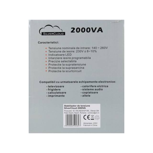 Stabilizator de tensiune SilverCloud 2000VA 1200W 9.1A iesire 230V ± 10%