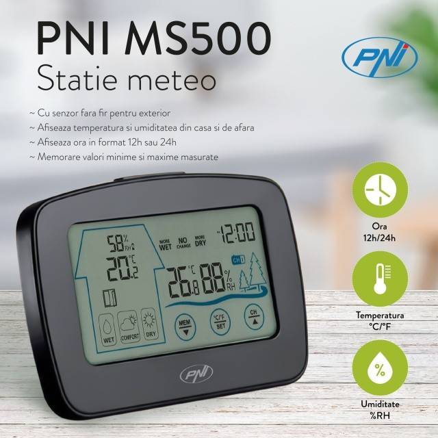 Statie meteo PNI MS500 cu senzor extern fara fir, afiseaza temperatura si umiditatea interioara si exterioara, memorie valori climaterice minime si