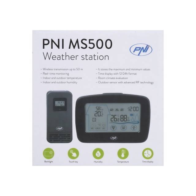 Statie meteo PNI MS500 cu senzor extern fara fir, afiseaza temperatura si umiditatea interioara si exterioara, memorie valori climaterice minime si