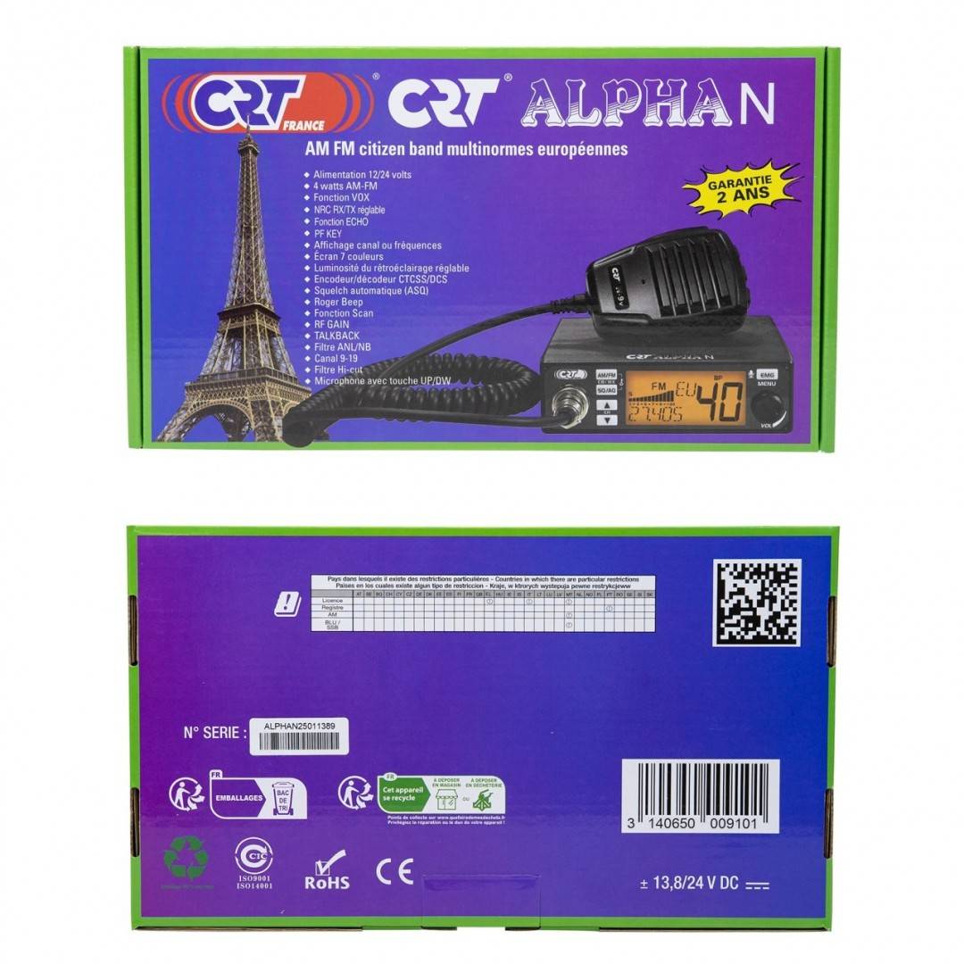 Statie radio CB CRT Alpha N ASQ, 4W, NRC, Echo, RF Gain, Roger Beep, display color, 12V-24V