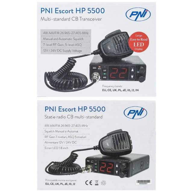 Statie radio CB PNI Escort HP 5500, multistandard, 4W, AM-FM, 12V/24V, ASQ, RF Gain, mufa de bricheta inclusa