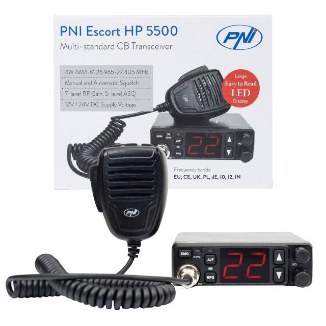 Statie radio CB PNI Escort HP 5500, multistandard, 4W, AM-FM, 12V/24V, ASQ, RF Gain, mufa de bricheta inclusa