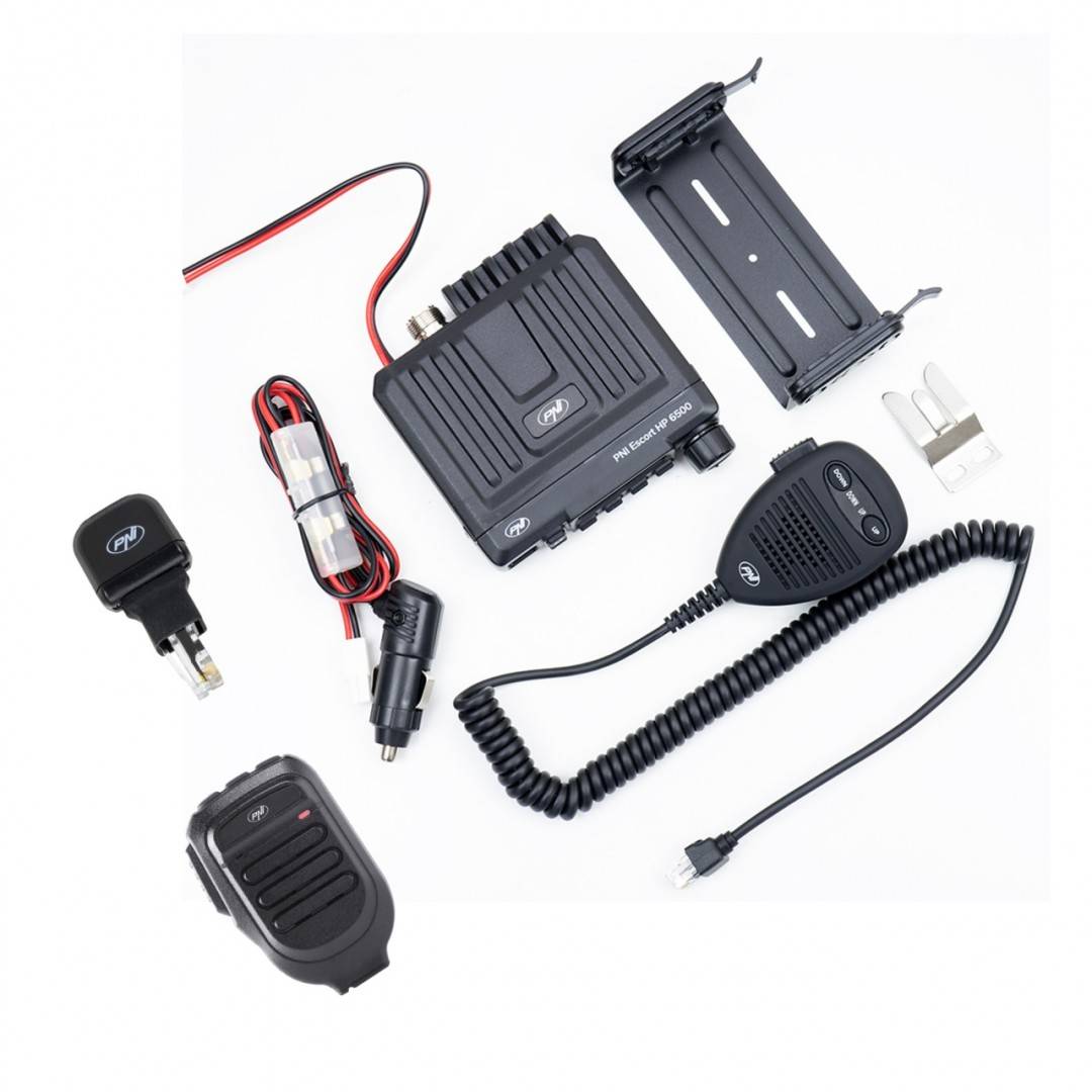 Statie radio CB PNI Escort HP 6500 multistandard, 4W, AM-FM, 12V, ASQ + Amplificator RX-TX KL203P, AM-FM-SSB, 100W, 12V si cablu PNI R50
