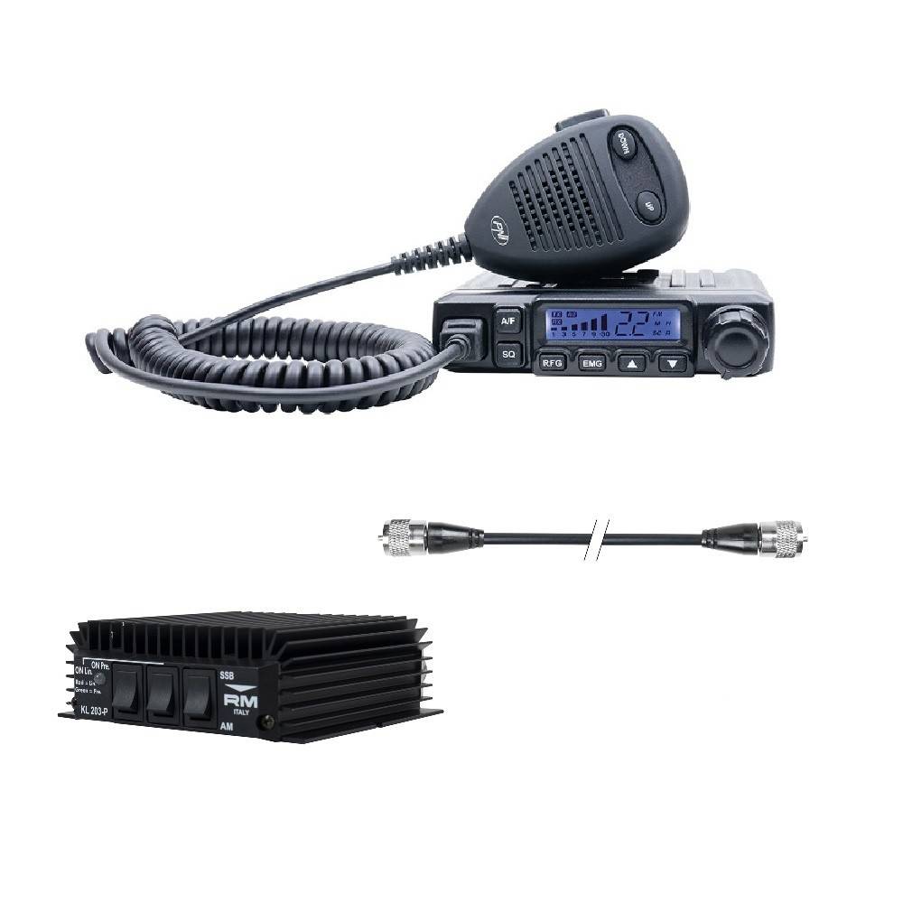 Statie radio CB PNI Escort HP 6500 multistandard, 4W, AM-FM, 12V, ASQ + Amplificator RX-TX KL203P, AM-FM-SSB, 100W, 12V si cablu PNI R50
