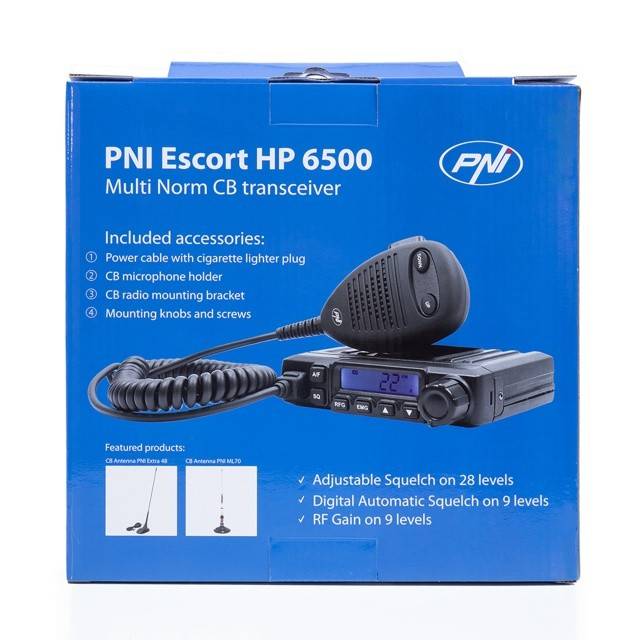 Statie radio CB PNI Escort HP 6500, multistandard, 4W, AM-FM, 12V, ASQ, RF Gain, mufa de bricheta inclusa AM/FM comutati doar in banda EU