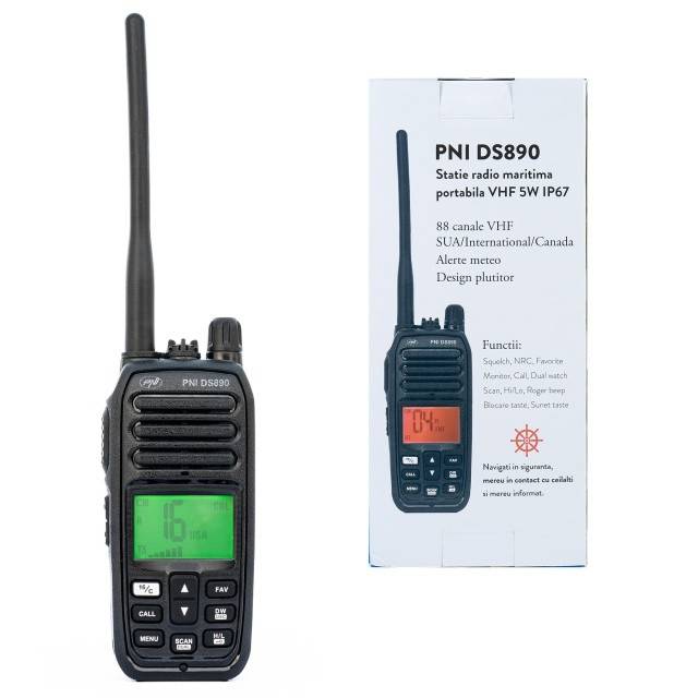 Statie radio maritima portabila PNI DS890, 88 canale, 10 canale meteo, Squelch reglabil, Roger Beep, Dual Watch, Scan, Call, NRC, acumulator 1800mAh,