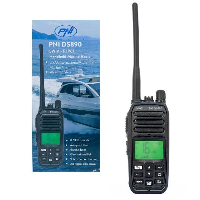 Statie radio maritima portabila PNI DS890, 88 canale, 10 canale meteo, Squelch reglabil, Roger Beep, Dual Watch, Scan, Call, NRC, acumulator 1800mAh,