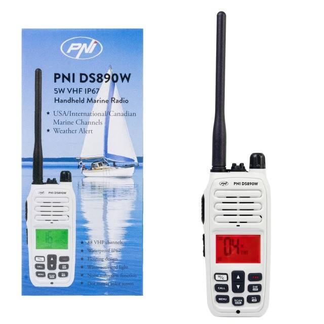 Statie radio maritima portabila PNI DS890W, 88 canale, 10 canale meteo, Squelch reglabil, Roger Beep, Dual Watch, Scan, Call, NRC, acumulator