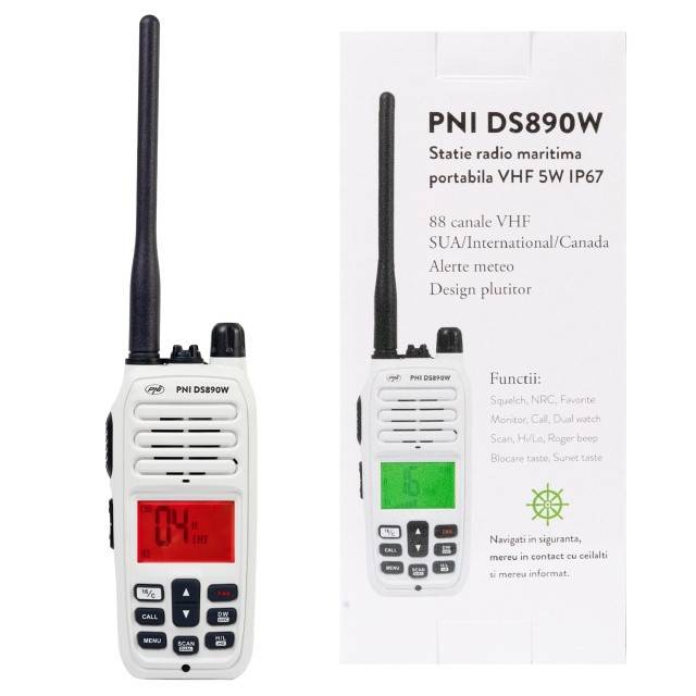 Statie radio maritima portabila PNI DS890W, 88 canale, 10 canale meteo, Squelch reglabil, Roger Beep, Dual Watch, Scan, Call, NRC, acumulator
