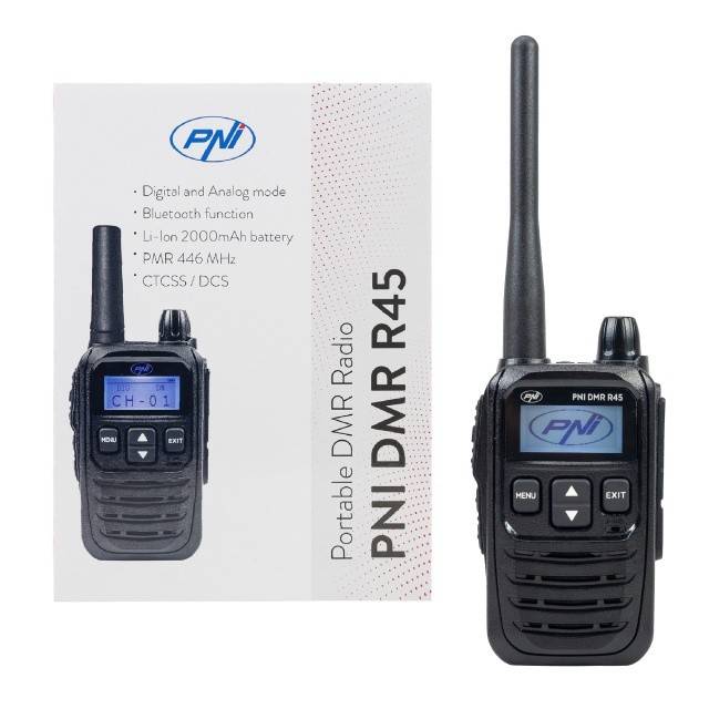Statie radio portabila PNI DMR R45, digital si analogic, 446MHz, 16 canale digitale si 99 canale analogice, functie inregistrare voce, baterie Li-Ion