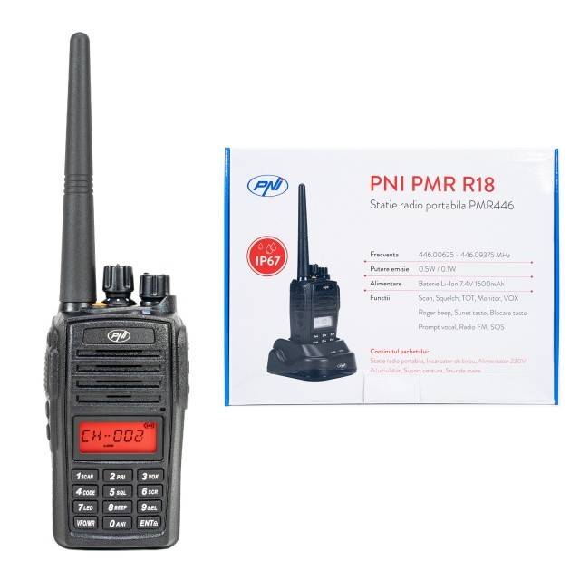 Statie radio portabila PNI PMR R18, 446MHz, 0.5W, 128 canale, 16 PMR si tonuri 50 CTCSS si 104 DCS, Radio FM, programabila, Waterproof IP67