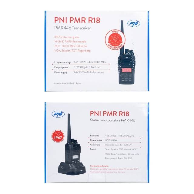 Statie radio portabila PNI PMR R18, 446MHz, 0.5W, 128 canale, 16 PMR si tonuri 50 CTCSS si 104 DCS, Radio FM, programabila, Waterproof IP67