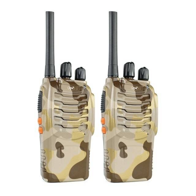 Statie radio portabila PNI PMR R40 Camo, set cu 2 buc, 0.5W, 16 canale programabile, 16 PMR si tonuri 50 CTCSS si 104 DCS, ASQ, TOT, monitor,