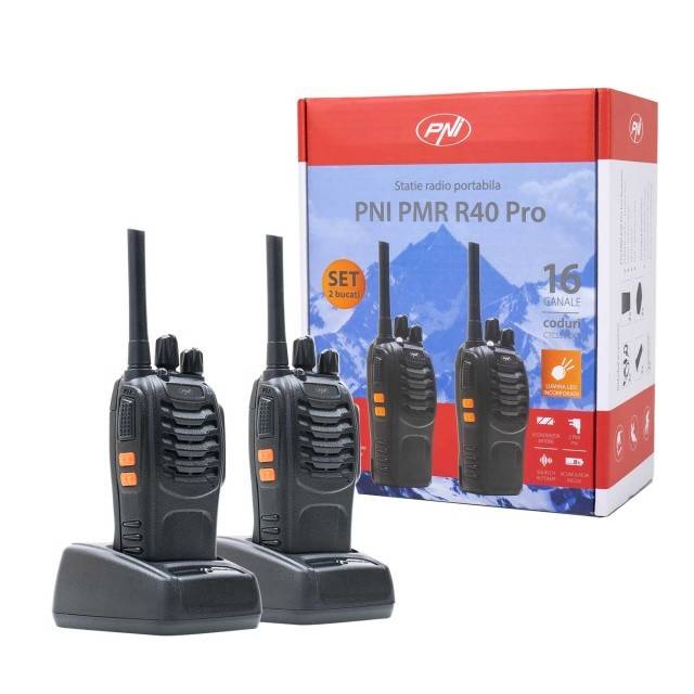 Statie radio portabila PNI PMR R40 PRO, set cu 2 buc, 0.5W, 16 canale programabile, 16 PMR si tonuri 50 CTCSS si 104 DCS, ASQ, TOT, monitor,
