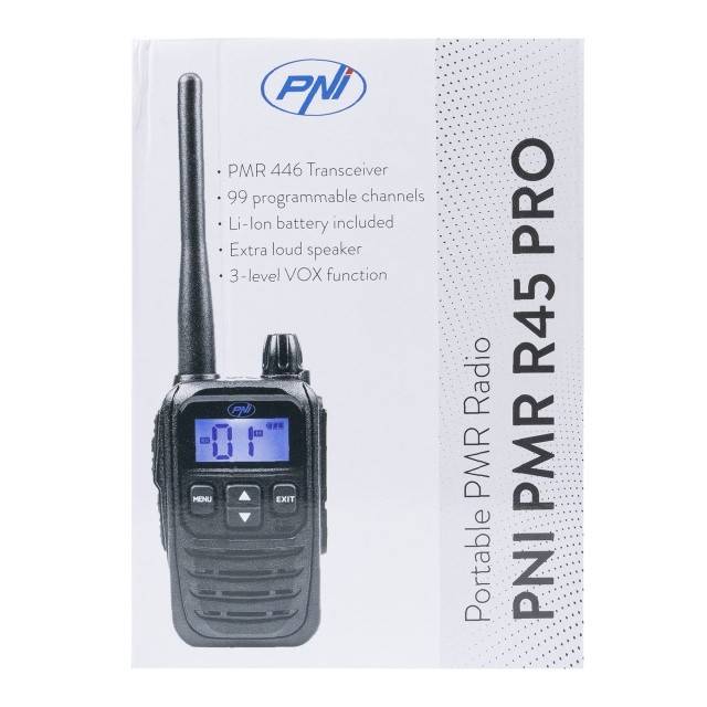 Statie radio portabila PNI PMR R45 PRO 446MHz, 0.5W, 99 canale programabile, 16 PMR si tonuri 38 CTCSS si 104 DCS, Squelch 5 niveluri, VOX, TOT, BCL,