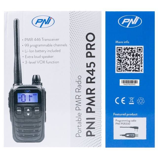 Statie radio portabila PNI PMR R45 PRO 446MHz, 0.5W, 99 canale programabile, 16 PMR si tonuri 38 CTCSS si 104 DCS, Squelch 5 niveluri, VOX, TOT, BCL,