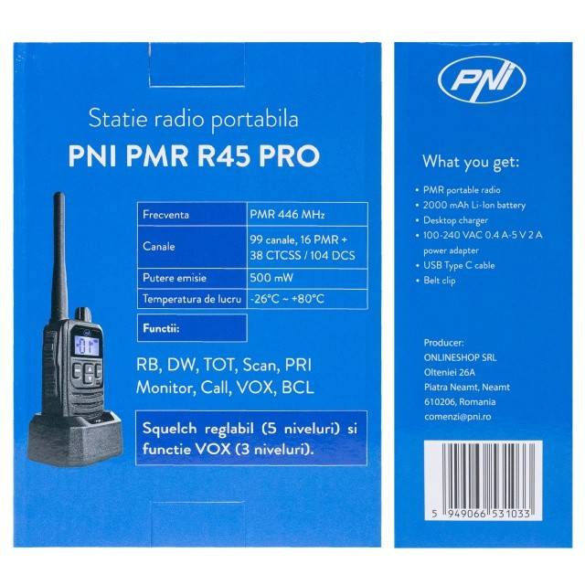 Statie radio portabila PNI PMR R45 PRO 446MHz, 0.5W, 99 canale programabile, 16 PMR si tonuri 38 CTCSS si 104 DCS, Squelch 5 niveluri, VOX, TOT, BCL,