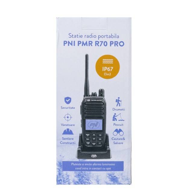 Statie radio portabila PNI PMR R70 PRO 446MHz, 16CH 0.5W, 99 canale programabile PC, tonuri 50 CTCSS si 166 DCS, IP67