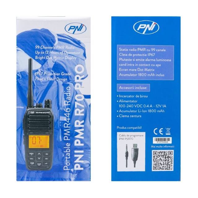 Statie radio portabila PNI PMR R70 PRO 446MHz, 16CH 0.5W, 99 canale programabile PC, tonuri 50 CTCSS si 166 DCS, IP67