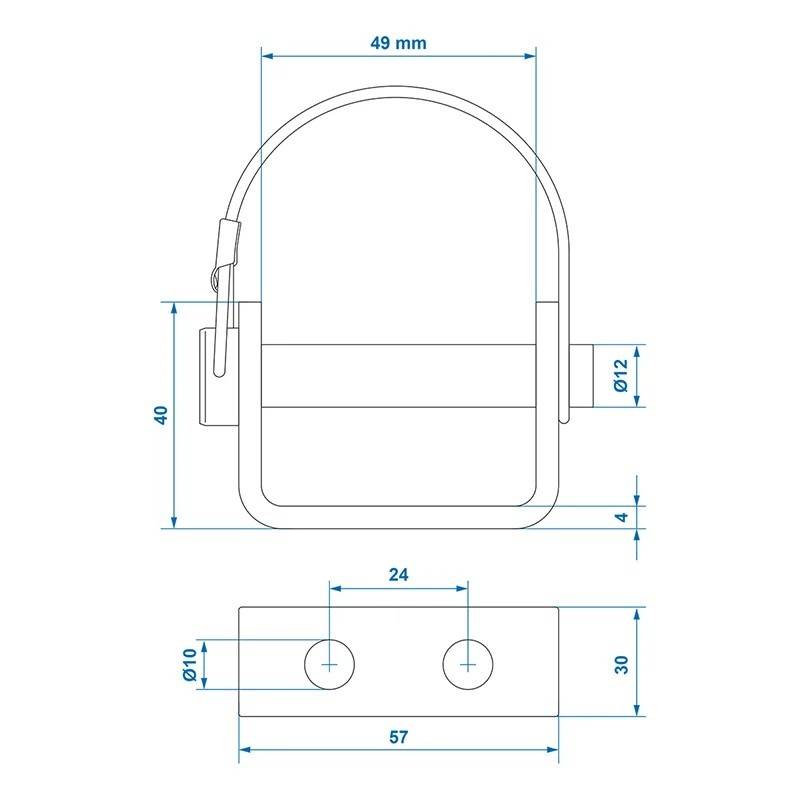 Suport pentru balama 71 mm / Ø12 mm cu știft de blocare și clemă de fixare