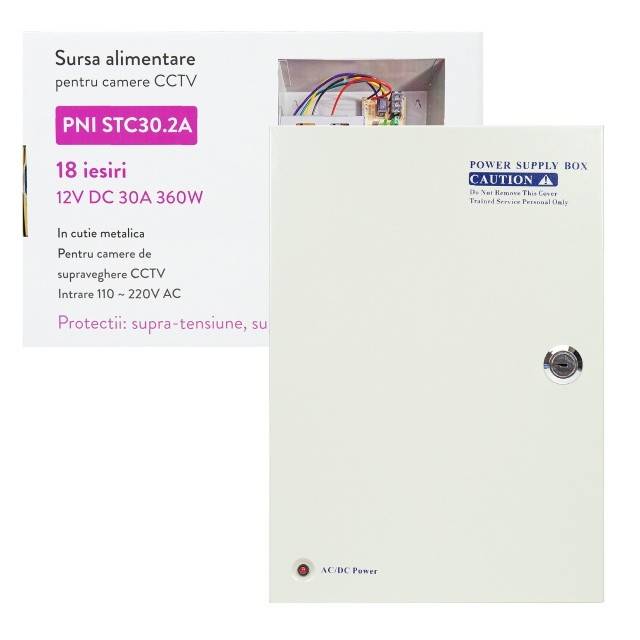 Sursa alimentare CCTV PNI STC30.2A in cutie metalica 12V 30A 360W, 18 iesiri