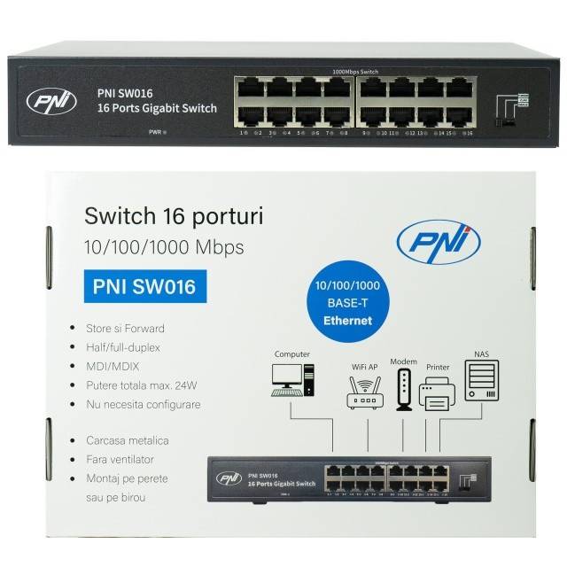 Switch PNI SW016, 16 x 10/100/1000 Mbps, Gigabit, carcasa metalica
