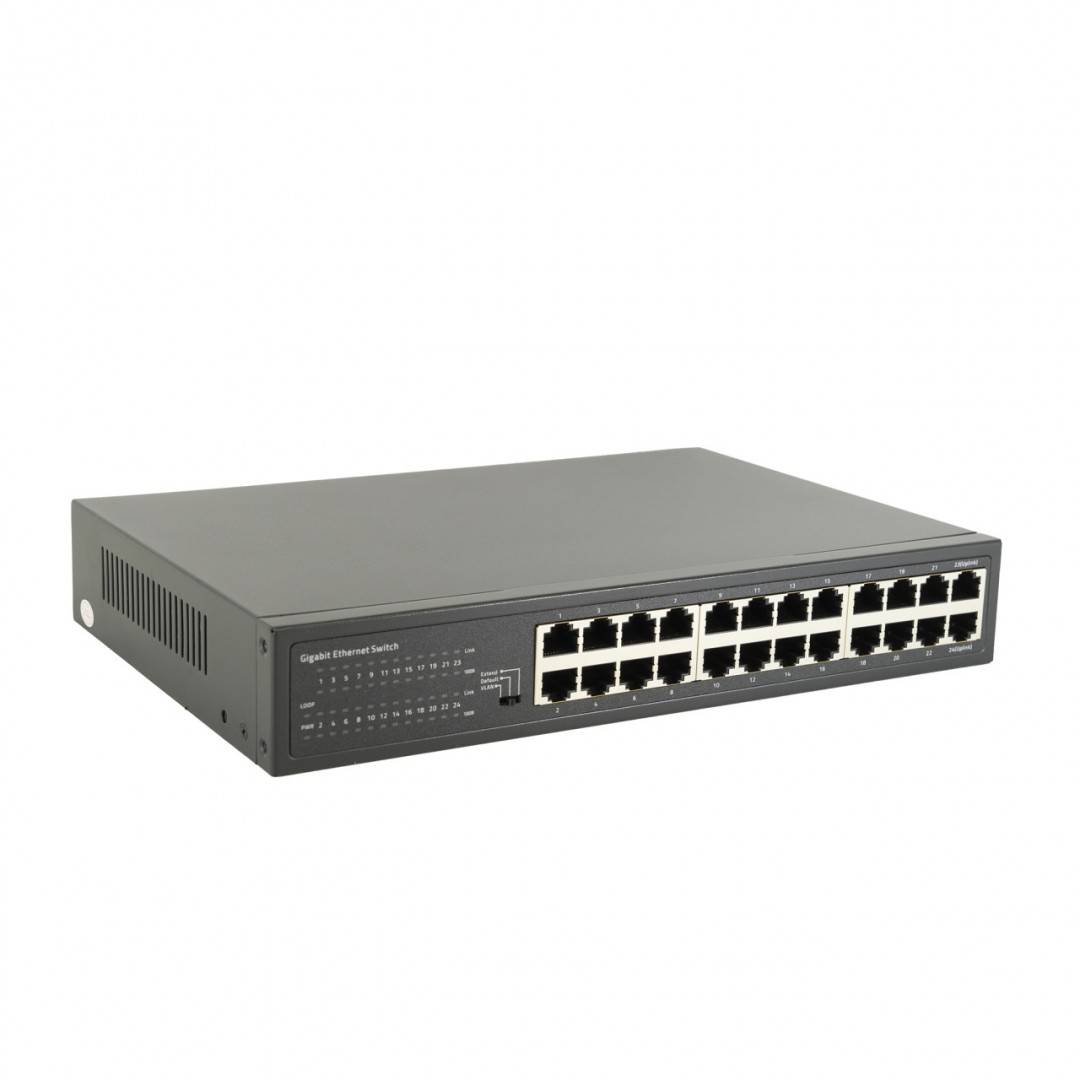 Switch PNI SW024 cu 24 porturi 10/100Mbps, suport VLAN, latime banda 48Gbps, carcasa metalica, negru