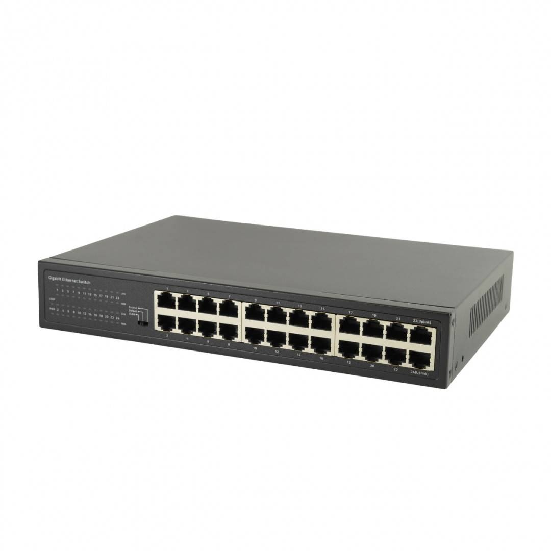 Switch PNI SW024 cu 24 porturi 10/100Mbps, suport VLAN, latime banda 48Gbps, carcasa metalica, negru