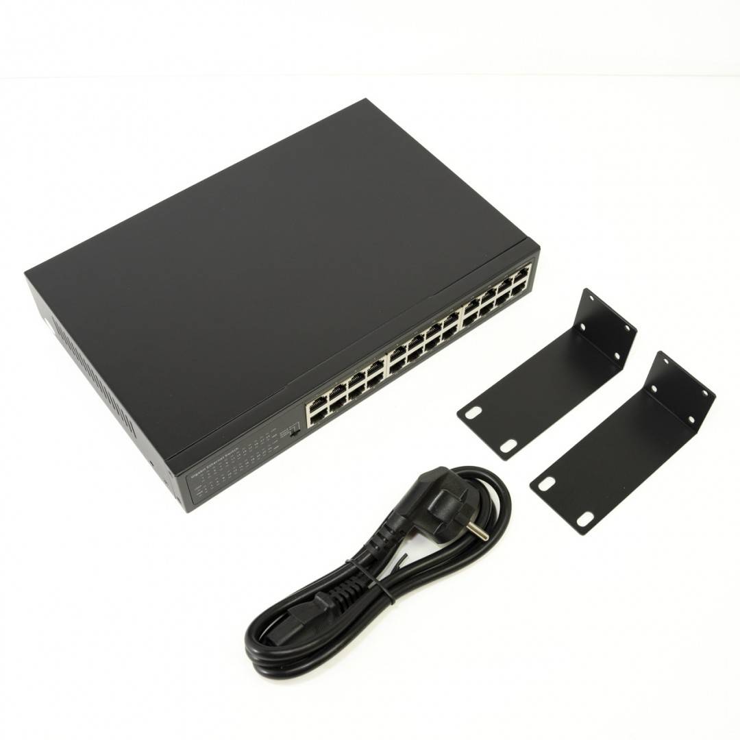 Switch PNI SW024 cu 24 porturi 10/100Mbps, suport VLAN, latime banda 48Gbps, carcasa metalica, negru