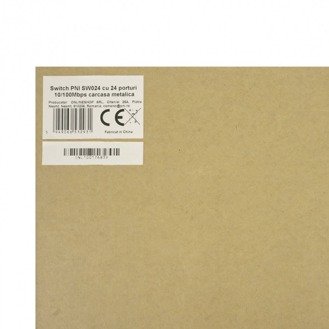 Switch PNI SW024 cu 24 porturi 10/100Mbps, suport VLAN, latime banda 48Gbps, carcasa metalica, negru