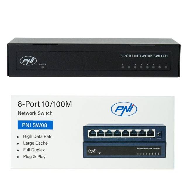 Switch PNI SW08 cu 8 porturi 10/100 Mbps, carcasa metalica, fara ventilator, plug & play, protectie fulger 4KV