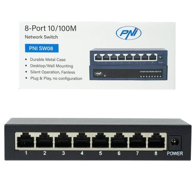 Switch PNI SW08 cu 8 porturi 10/100 Mbps, carcasa metalica, fara ventilator, plug & play, protectie fulger 4KV